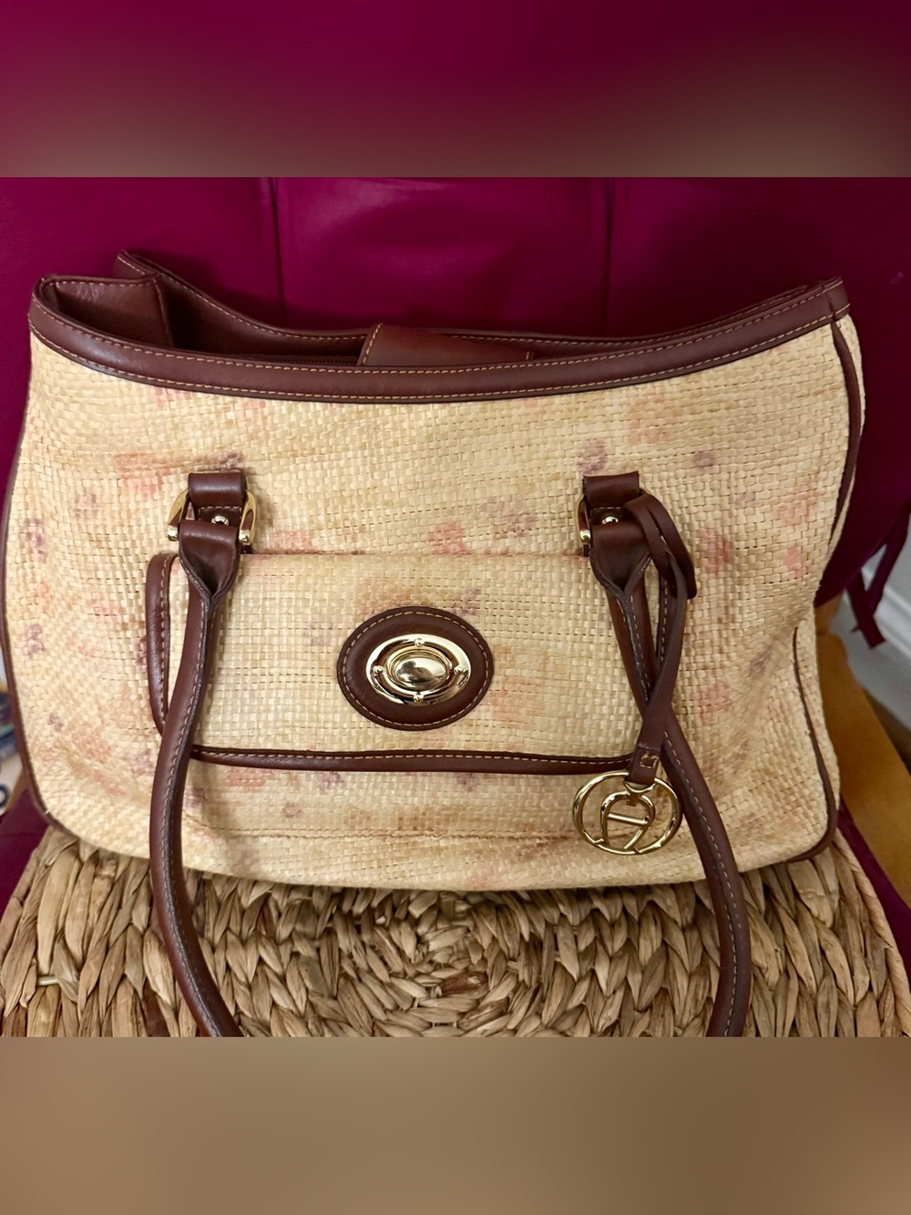 Vintage Etienne Aigner Floral Woven Straw Tote
